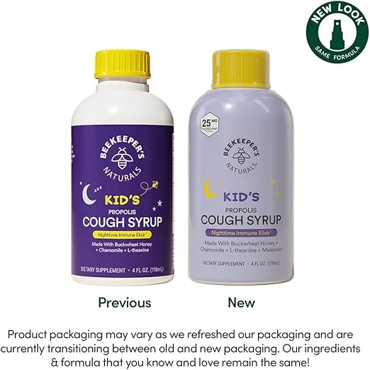 Beekeeper's Naturals Propolis Honey Cough Syrup Nighttime for Kids Immune Support with Propolis, Elderberry & Raw Honey - Sleep Support with Chamomile & L-Theanine - Gluten Free, 4 oz.