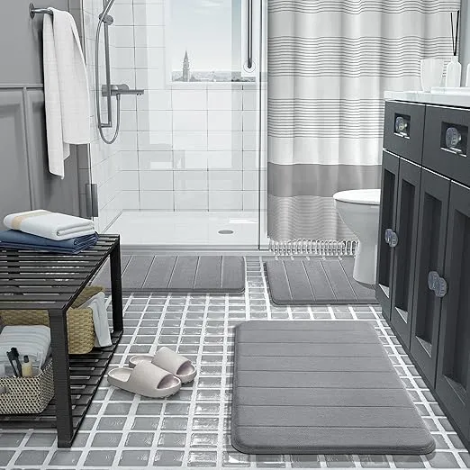 Yimobra Memory Foam Bath Mat Set, Bathroom Rugs for 3 Pieces, Toilet Mats, Soft Comfortable, Water Absorption, Non-Slip, Thick, Machine Washable, Easier to Dry for Floor Mats, Gray