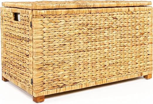 happimess HPM9005A Anada Wicker Weave 30" Storage Trunk, Wooden Frame/Water Hyacinth, Farmhouse, Transitional, Coastal, Rustic for Office, Dorm Room, Living-Room, Bedroom, Dining-Room, Natural