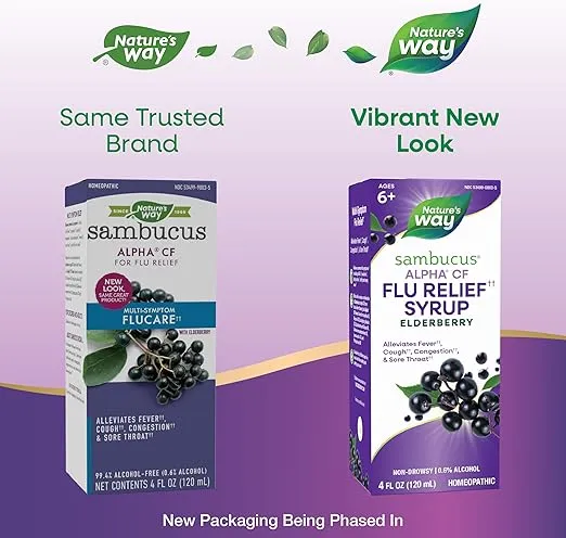 Nature's Way Sambucus Alpha CF Flu Relief†† Syrup with Sambucus nigra 3X and Alpha CF, Relieves Flu Symptoms††, 4 Fl Oz (Packaging May Vary)
