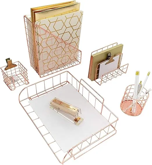 Blu Monaco Rose Gold Desk Organizer - 5 Piece Desk Accessories Set - Letter - Mail Organizer, Paper-Document Tray, Pen Cup, Magazine File Holder - Rectangle Pattern - Office Supplies Stationery Décor