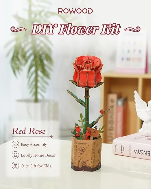 rowood 3D Puzzle Wooden Flower,DIY Artifical Flower Building Toy Set Craft Kit for Women,Mother's Day/Valentine's Day/Teacher's Day/Thanksgiving/Christmas/Birthday Gift -Red Rose