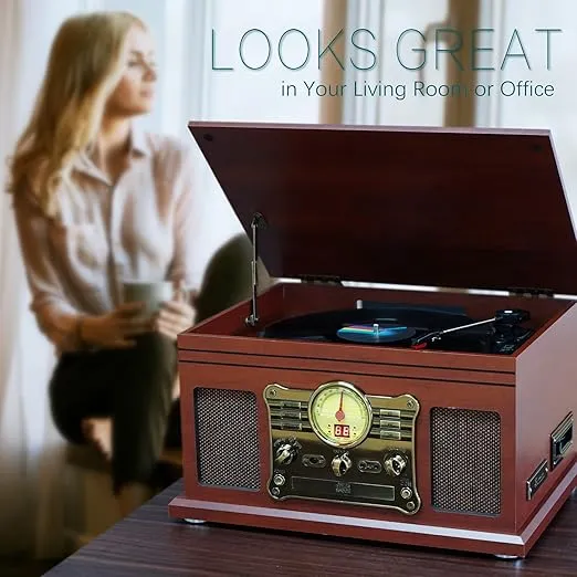 10 in 1 Bluetooth Record Player, 3-Speed Turntable for Vinyl with Speakers, LP to MP3 Converter, CD, Cassette Player, FM Radio, Wireless Streaming | Mahogany
