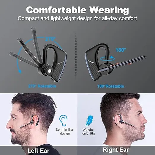 New bee Bluetooth Headset 24Hrs Talktime CVC8.0 Dual Mic Noise Cancelling Bluetooth Earpiece V5.2 Wireless Headset for Cell Phone/iPhone/Android/Driver/Business/Office(Blue)