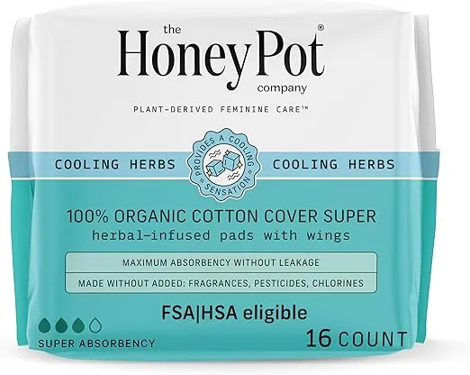 The Honey Pot Company - Herbal Pads for Women - Super Pads w/Wings - Infused w/Essential Oils for Cooling Effect, Organic Cotton Cover, & Ultra-Absorbent Pulp Core - Feminine Care - FSA & HSA - 16 ct