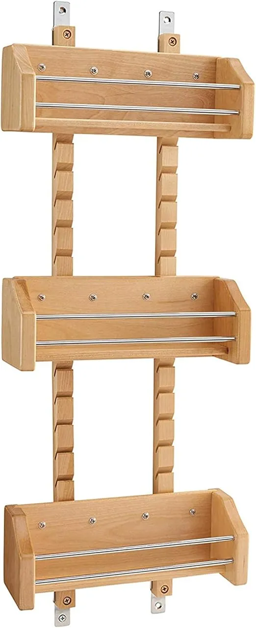 Rev-A-Shelf Pullout Wall Storage Organizer for Kitchen Cabinets, Sliding Door Mounted Spice Rack with 3 Adjustable Shelves, Maple Wood, 4ASR-15