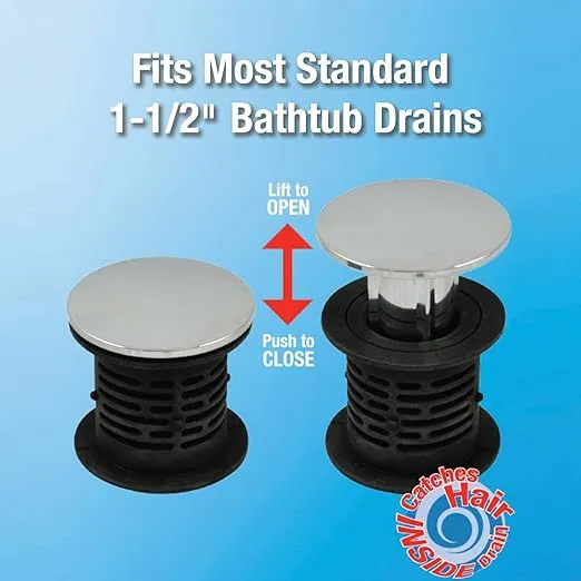 DANCO 2-in-1 Bathtub Hair Catcher Strainer and Stopper | Drain Protector Snake, Snare & Auger | Hair Drain Clog Prevention (10772),Bathtub - Chrome