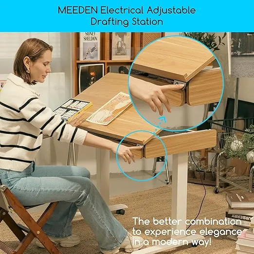MEEDEN Electric Adjustable Drafting Table - Height from 31" to 52" Drawing Desk with Storage Drawer - 41 * 23" Large Tiltable Tabletop - Rolling Wheels - ES-6056-YM