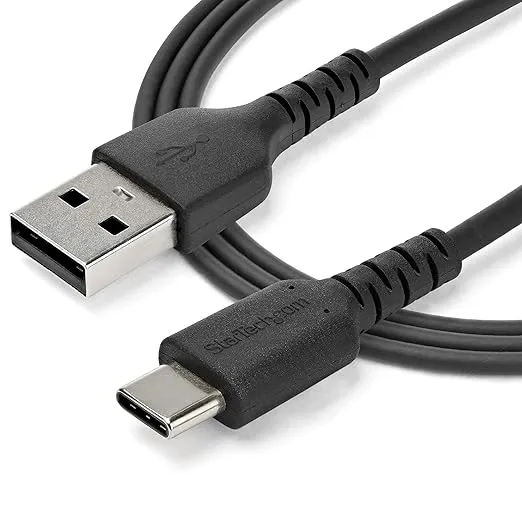 StarTech.com 1m USB A to USB C Charging Cable - Durable Fast Charge & Sync USB 2.0 to USB Type C Data Cord - Rugged TPE Jacket Aramid Fiber M/M 3A Black - Samsung S10, iPad Pro, Pixel (RUSB2AC1MB)