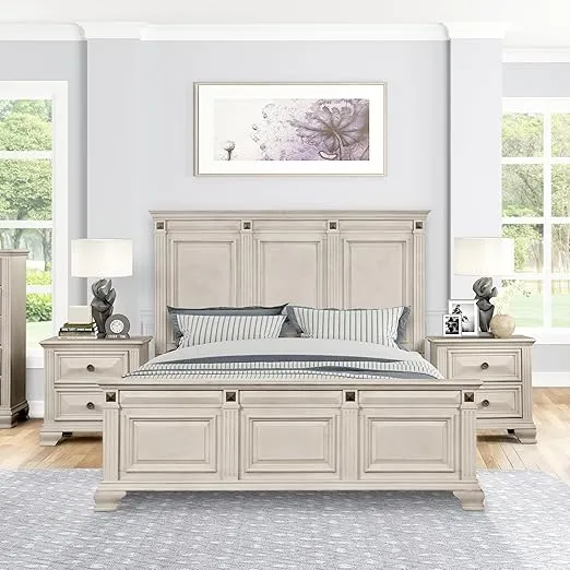 Roundhill Furniture Renova 3-Piece Bedroom Set, Bed with 2 Nightstands, King, Distressed Silver Parchment