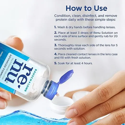 Renu Contact Lens Solution Multipurpose Disinfectant, Advanced Formula Lens Cleaner, Cleans & Moisturizes Soft & Silicon Hydrogel Lenses, 12 Fl Oz