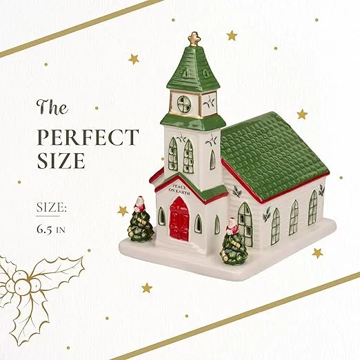 Spode Christmas Tree Miniature Christmas Village Figural Decoration, LED Lighted Christmas Village Set, Ceramic Holiday Decor - Dolomite Christmas Collectible for Indoor Display (Church)