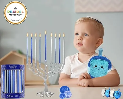 The Dreidel Company Metallic Hanukkah Candles Frosted Premium Tapered Hand Decorated Chanuka Candles (Metallic Blue & Silver)