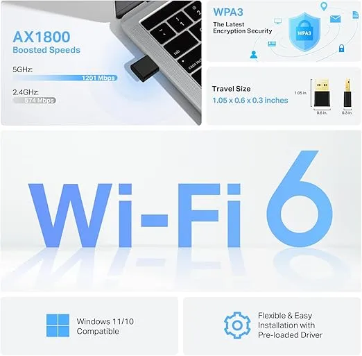 TP-Link Nano USB WiFi 6 Adapter for PC(Archer TX20U Nano)- AX1800 2.4G/5G Dual-Band Wireless Network Transceiver Adapter for Desktop PC, OFDMA, MU-MIMO, WPA3, Travel Size, Supports Windows 11/10