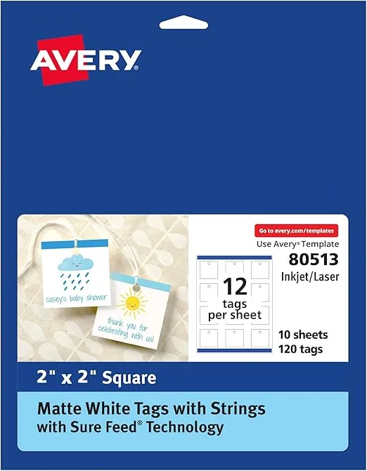 Avery Square Tags with Sure Feed Technology, 2" x 2", Matte White, 120 Square Tags with Strings, Print-to-The-Edge, Laser/Inkjet Printable Tags (80513)