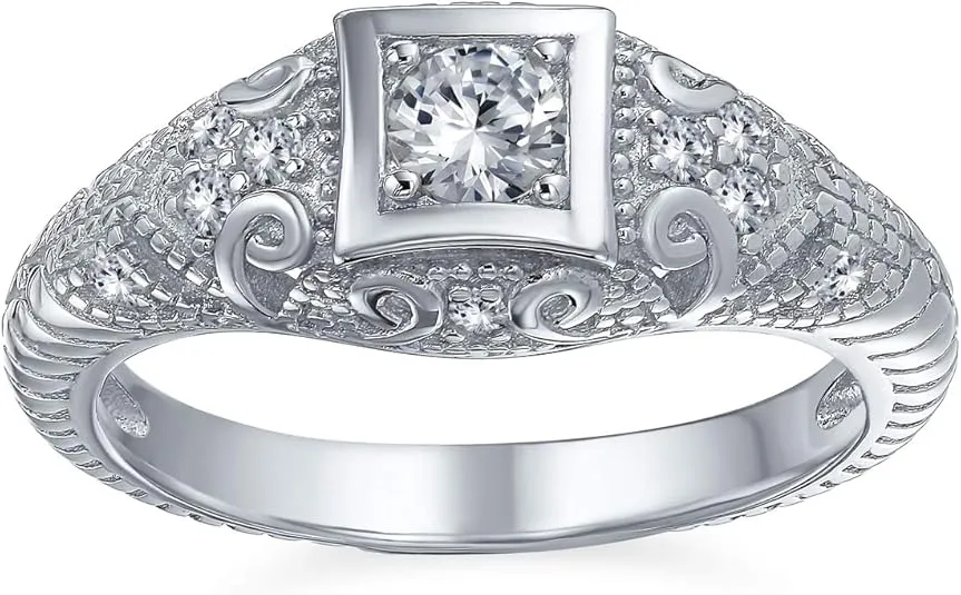 AAA CZ Victorian Vintage Art Deco Style Heirloom Milgrain 1CTW Princess Brilliant Solitaire Engagement Ring For Women .925 Sterling Silver