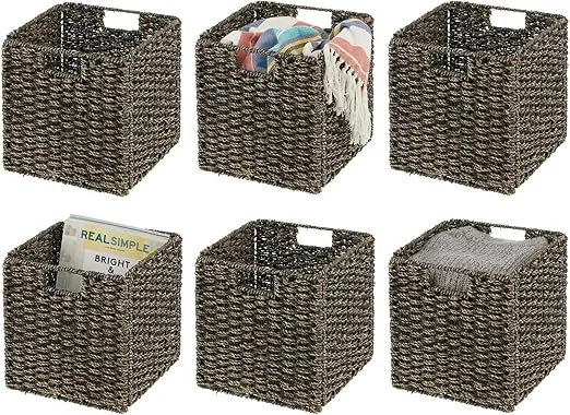 mDesign Seagrass Woven Cube Basket Organizer with Handles - Storage for Bedroom, Office, Living Room, Bathroom, Perfect for Cubby Storage Units - Hold Blankets, Magazines, Books - 6 Pack - Black Wash