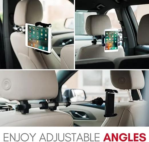 Macally Tablet Holder for Car Headrest - Adjustable iPad Headrest Mount for Car - Super Secure Car iPad Holder Backseat Kids - Fits All 4.7-12.9" Back Seat Devices (iPad Pro/Air/Mini, Nintendo Switch)