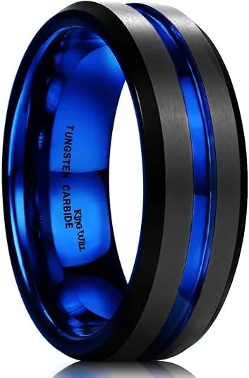 King Will Classic 6mm 7mm 8mm Tungsten Carbide Wedding Band Grooved Center Mens Ring Black/Silver/Blue/Red/Purple/Green Matte Brushed Finish Beveled Polished Edge Comfort Fit Size 4-16