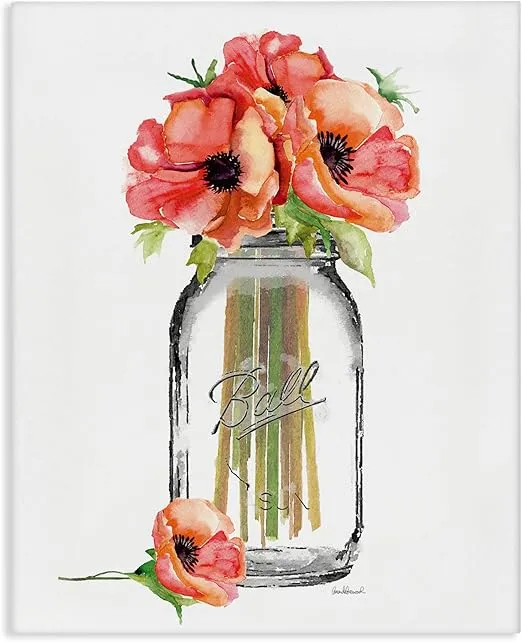 The Stupell Home Decor Collection Mason Jar Poppy's Stretched Canvas Wall Art, 16 x 20, Multicolor
