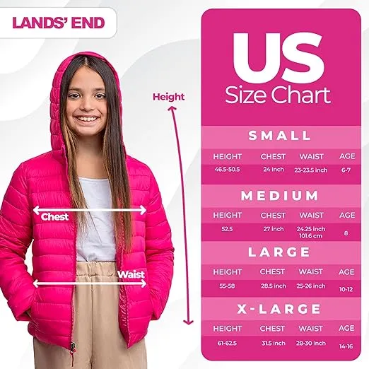 Lands' End Kids Full Zip Lightweight Thermoplume Hooded Jacket (S-XL)