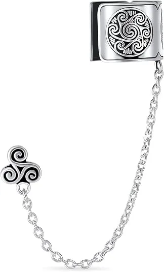 Unisex Celtic Viking Scroll Swirl Sun Trinity Triskele Bali Wrap Cartilage Ear Cuff Chain Pierced Ear Stud Earring For Women Teens Men Oxidized .925 Sterling Silver
