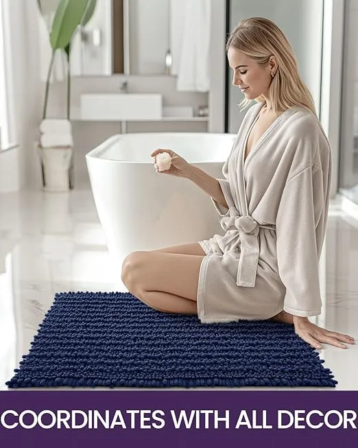 DEXI Bath Mat Bathroom Rug Non Slip Absorbent and Soft Floor Mats Washable Chenille for Bathtub Toilet Shower Room Entryway,20"x32"Navy Blue