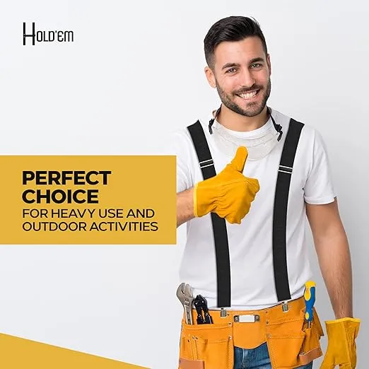 HOLD'EM Heavy Duty Work Suspenders, 2" Wide Adjustable & Stretchable Men's Clip-On Straps