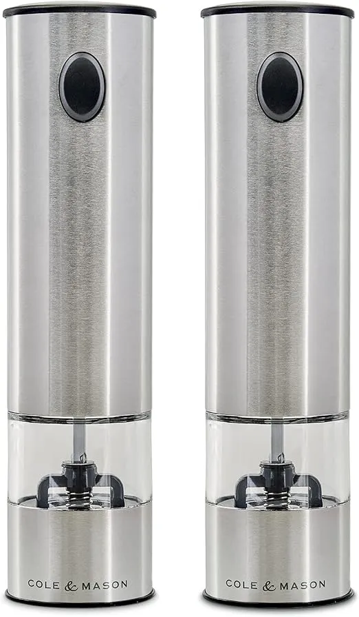 Cole & Mason H3004480 Battersea Salt and Pepper Mills | Electronic | Stainless Steel/Acrylic | 210mm | Gift Set | Includes 2 x Electric Salt and Pepper Grinders | Lifetime Mechanism Guarantee