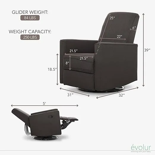Evolur Raleigh Upholstered Plush Seating 360° Swivel Glider Rocking Chair, FSC Certified, Greenguard Gold & JPMA Certified Nursery Glider, Three Rocking Modes Nursery Glider Recliner