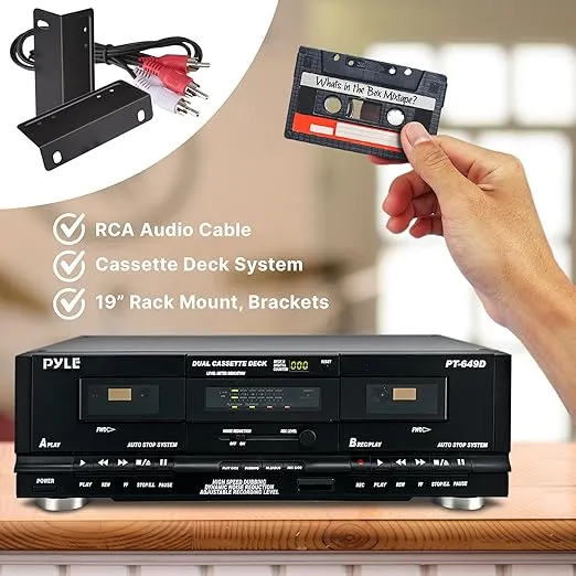PyleUsa Dual Cassette Deck | Music Recording Device with RCA Cables | Removable Rack Mounting Hardware | CrO2 Tape Selector | Built-in 3 Digit Tape Counter - 110V/220V