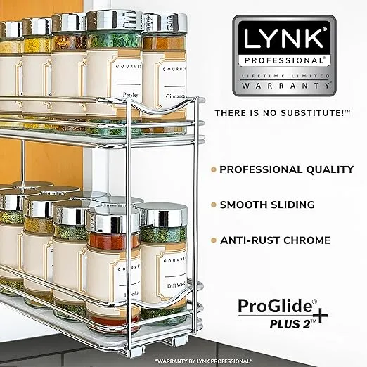 LYNK PROFESSIONAL® Pull Out Spice Rack Organizer for Inside Kitchen Cabinets - 4-1/4 inch Wide - Slide Out Drawer – Chrome Sliding Spice Cabinet Organization Shelf Racks - 2 Tier
