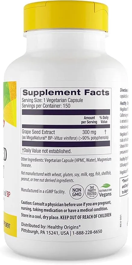 Healthy Origins MegaNatural BP-Grape Seed Extract, 300 mg - Blood Flow Support - Premium Grapeseed Extract Capsules - Non-GMO & Gluten-Free Supplement - 150 Veggie Capsules