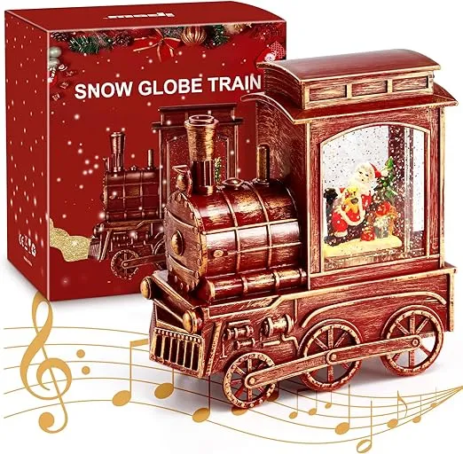 IPOW Christmas Santa Globe Lantern Train with Water Swirling Glitter, Musical and Lighted 6 Hours Timer USB Powered & Battery Operated Music Box for Christmas Home Decoration Gift