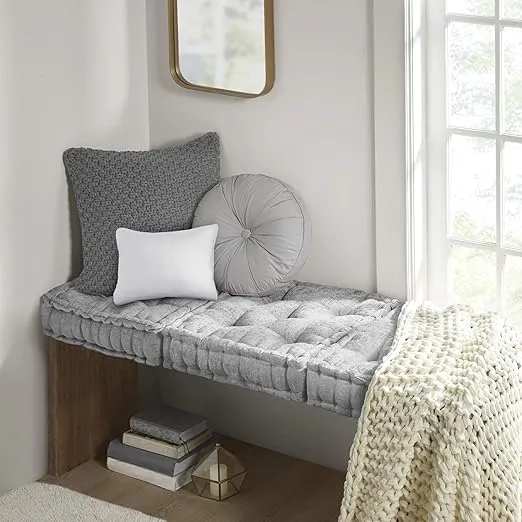 Intelligent Design Azza Floor Pillow, Large Cushions Sitting for Adults, Floor Pillow for Meditation or Yoga, Lustrous Chenille Tufted with Scalloped Edges for Bench/Chair Cushion, 20"x20"x5" Grey