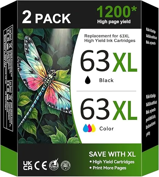 63XL Printer Ink for HP 63XL Ink Cartridges Combo Pack Black and Color Replacement for HP Ink 63 Fit for Officejet 3830 4650 5255 5258 Envy 4520 3634 Deskjet 1112 2132 3630 Printer (2 Pack)