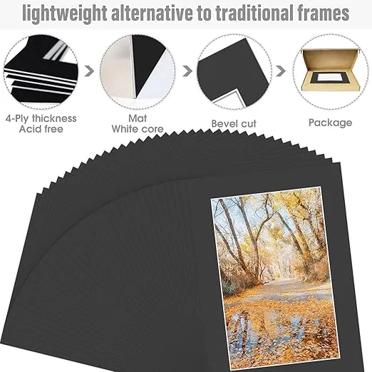 Golden State Art, Acid Free, Pack of 50, 5x7 Black Picture Mats Mattes with White Core Bevel Cut for 4x6 Photo