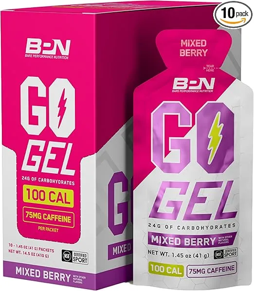 BARE PERFORMANCE NUTRITION, BPN Go Gel Endurance Gel Caffeinated, Vegan + Gluten Free Running Gel with 24g of Carbohydrates & 100 Calories per Gel Pack, 10 Single-Serving Gel Packs, Mixed Berry
