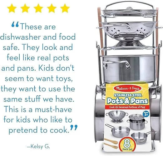 Melissa & Doug Stainless Steel Pots and Pans Pretend Play Kitchen Set for Kids (8 pcs) - Kids Kitchen Accessories Set, Toy Pots And Pans For Kids Kitchen, Cooking Toys For Kids Ages 3+