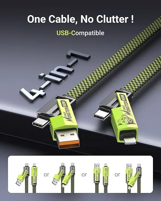 USB C Cable, 4-in-1 USB-C Cable (6ft), 100W USB-C Charger Cable with Hook-and-Loop Fastener and Cable Management, USB-C Cable/Fast Charging for MacBook, iPad, iPhone, Samsung, Green
