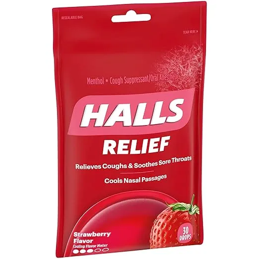 Halls Strawberry Flavor Menthol Drops, 30 Each