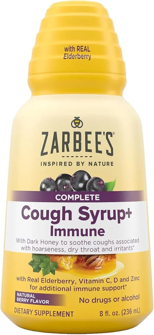 Zarbee's Adult Daytime Cough Syrup + Immune With Honey, Real Elderberry, Vitamin C, D & Zinc For Immune support, Drug & Alcohol-Free, Gluten-Free, Ages 12+, Natural Berry Flavor, 8 Fl. Oz,Liquid