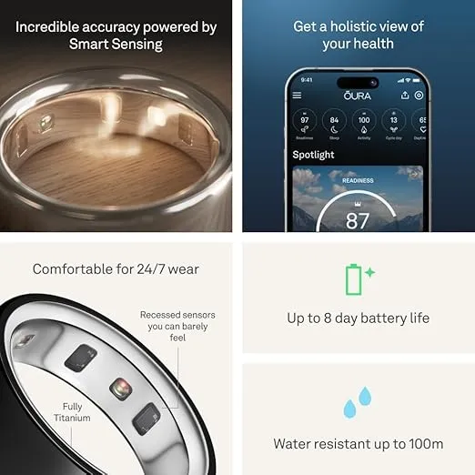Oura Ring 4 - Black - Size 8 - Smart Ring - Size First with Oura Ring 4 Sizing Kit - Sleep Tracking Wearable - Heart Rate - Fitness Tracker - Up to 8 Days of Battery Life