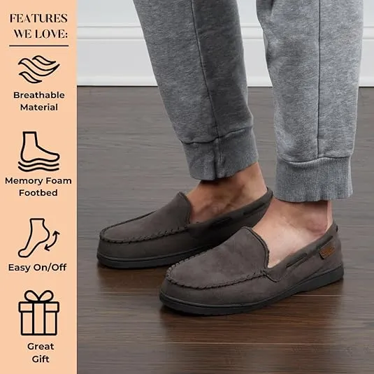 Dearfoams Men's Breathable Memory Foam Indoor Outdoor Keaton Moccasin Slipper with Wide Widths