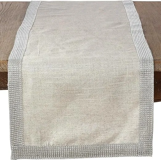 SARO LIFESTYLE Jeweled Trim Studded Design Table Runner, 16" x 72", Silver