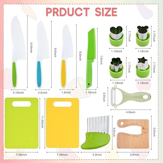 13 Pieces Montessori Kitchen Toys for Toddlers-Kids Cooking Sets Real-Toddler Toys Set for Real Cooking with Plastic Children Safe Knives Crinkle Cutter Kids Cutting Board