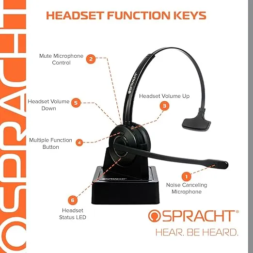 Spracht HS-2050 Single Ear Wireless Bluetooth Headset with Base Station | Noise Cancelling Headphones with Microphone for Pc, Laptop, Work from Home, Skype, Zoom, Call Centers, Office, Trucker