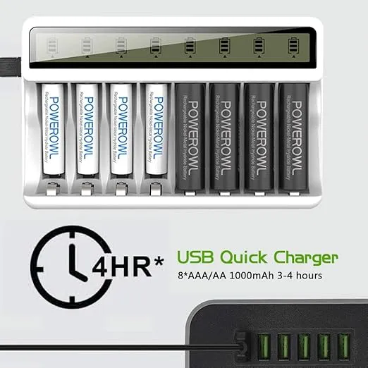 POWEROWL 8 Bay AA AAA Battery Charger with LCD Display (USB Quick Charging, Independent Slot) for Ni-MH Ni-CD Rechargeable Batteries
