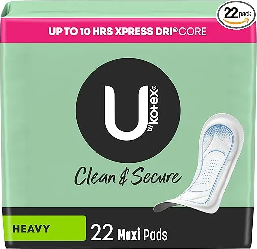 U by Kotex Maxi Pads, Clean & Secure, Heavy Absorbency, 22 Count (Packaging May Vary)