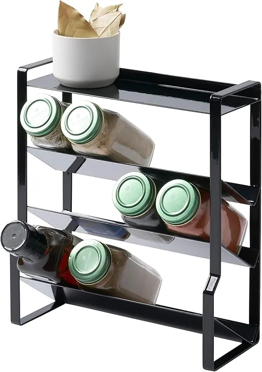 Yamazaki Home 4 Slim Spice Rack Organizer-Large Capacity, Angled Shelves, Flat Top Tier-Ideal for Countertops and Stove Sides | Steel, One Size, Black